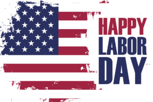Happy Labor Day holiday banner with brush stroke background in United States national flag colors.